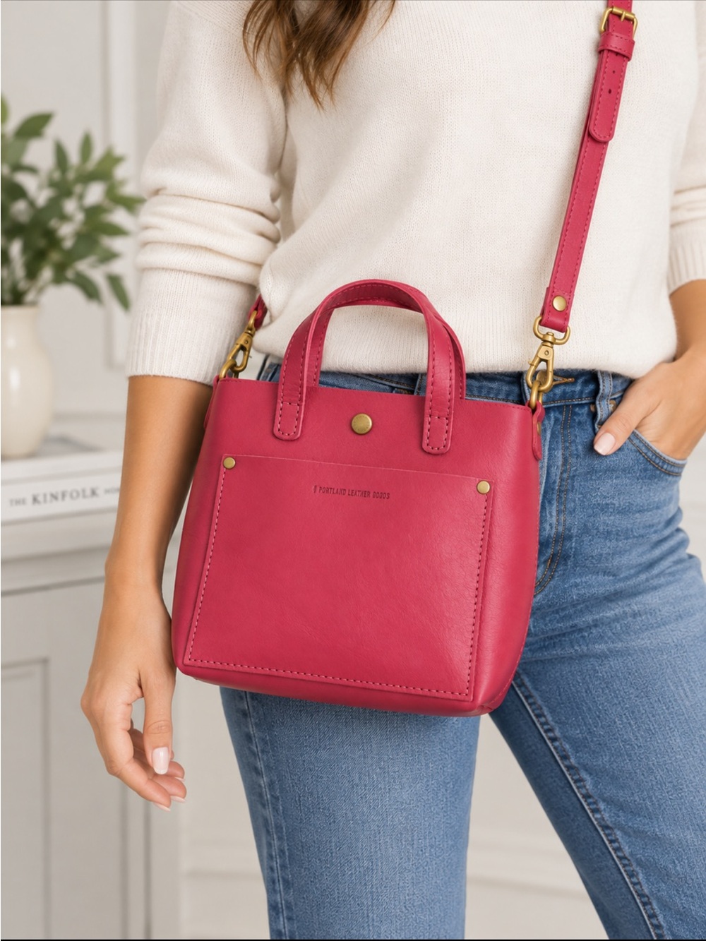 Portland Leather Goods Crossbody Tote Bag in Raspberry Stylish Everyday Carry